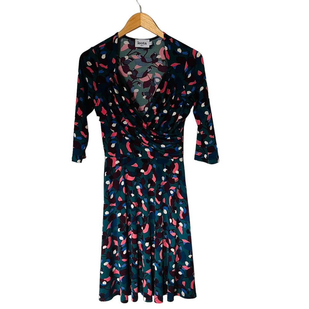 Leota Printed Surplice Neck Three Quarter Sleeve Dress Size S Small - Picture 2 of 8